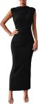 Women Ruched Bodycon Maxi Dresses Summer Casual Sleeveless Lightweight Slit Elegant Cocktail Wedding Guest Dress