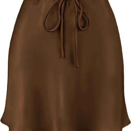 Women's Drawstring Satin Mini Skirt High Waisted Elegant Casual A-Line Flared Silk Short Skirts for Women