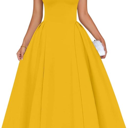 Women's Elegant Square Neck Swing A Line Wedding Evening Party Midi Dress