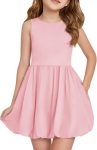 Girls Summer Sleeveless Bubble Dress Kids Cute Crew Neck Tank Mini Dresses with Pockets 5-14 Years