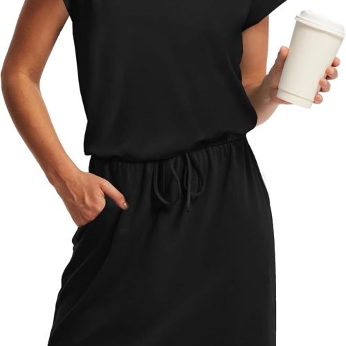 Summer Dresses for Women 2026 V Neck T Shirt Casual Mini Dresses Tie Waist Sundresses with Pockets