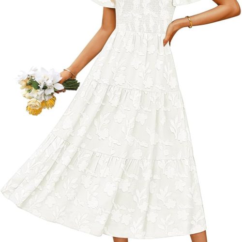 Women‘s Summer Boho Floral Midi Dress 2026 Casual Short Sleeve Square Neck Flowy Beach Vacation Long Dress