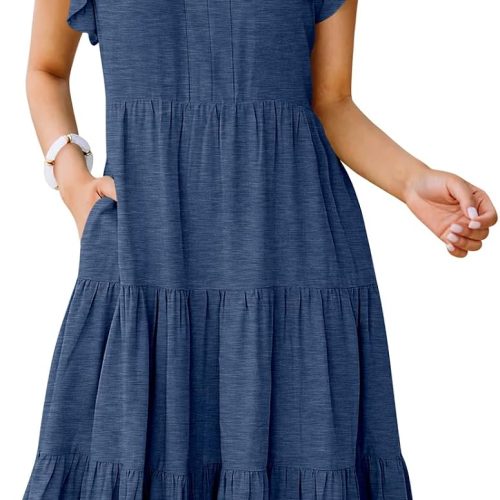 Womens Summer Dress Ruffle Sleeve V Neck Midi Dresses Fashion Casual Fit Flowy Tiered Boho Beach Vacation Sundress