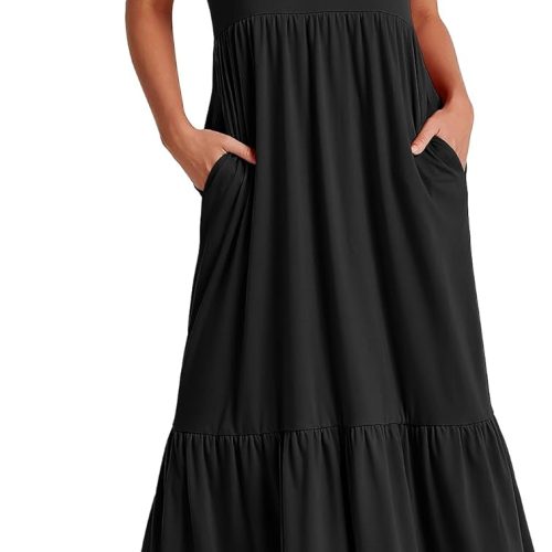 Womens 2026 Summer Casual Maxi Dress A line Tiered Flowy Short Sleeve Crewneck T Shirt Beach Travel Long Dresses