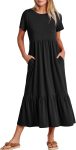 Womens 2026 Summer Casual Maxi Dress A line Tiered Flowy Short Sleeve Crewneck T Shirt Beach Travel Long Dresses