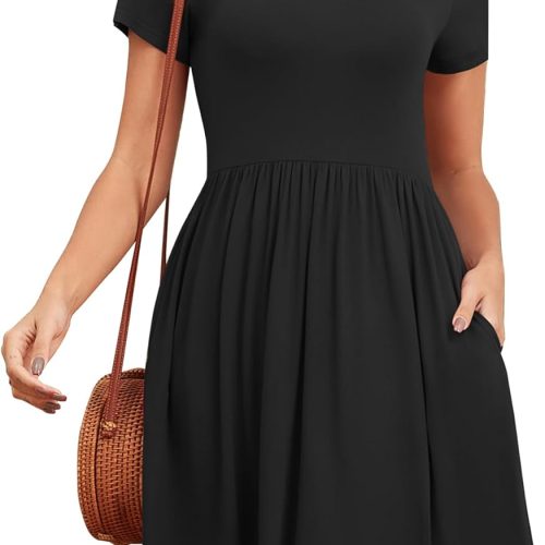 Women's 2026 Summer Short Sleeve Dresses Casual Loose Fit Swing T Shirt Dress V Neck Sundress with Pockets