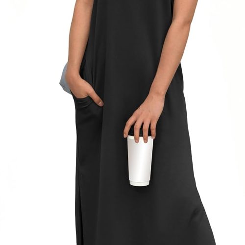 2026 Women Year-Round Casual Round Neck Loose Split Wrinkle-Free Long Maxi Vacation Dress with Pockets
