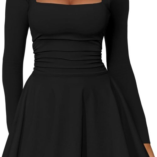 Women's Square Neck Ruffle Hem Mini Dress Ruched Waist Long Sleeve Corset Short Party Dresses