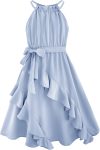 Girls Dresses Tween Halter Tie Back Tiered Ruffle A-Line Flowy Dress Summer Sleeveless Sundress Size 5-14 Years