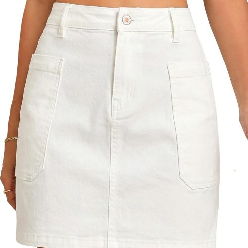 Women's Jean Skirt High Waisted Stretchy Casual Denim Above Knee Skirts with Patch Pockets