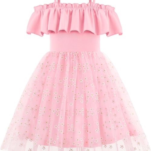 Toddler Girl Tulle Dress Girls Sequin Summer Dresses Off Shoulder Flutter Formal Birthday Party Princess Dress