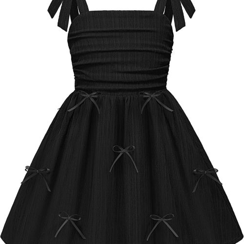Girls Dresses Ruched Smocked Back Spaghetti Strap Bow Summer Boho Beach Party Sundress