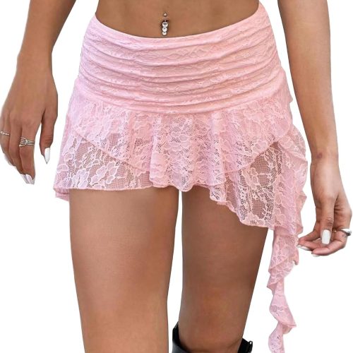 Women's Y2k Lace Layered Mini Skirt Ruched A Line Cute Tiered Ruffle Skirt