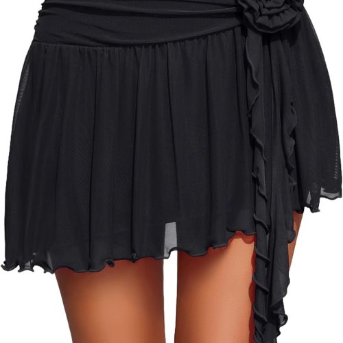 Women's Mini Skirt Mesh Flowy Y2K Skirts 3D Flower Asymmetric Hem Skirt
