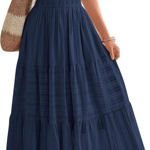 Womens Summer 2026 Casual Midi Maxi Dresses Lightweight Short Sleeve V Neck Elastic Waist Boho Beach Dress Pockets