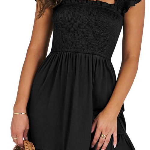 Women's Summer Casual Sleeveless Square Neck Dress 2026 Smocked Ruffle Backless Boho Beach Cute Teen Short Sundress
