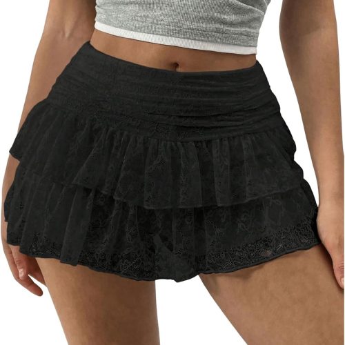 Women's Lace Mini Skirt with Shorts Leopard Ruffle Skirt Skort