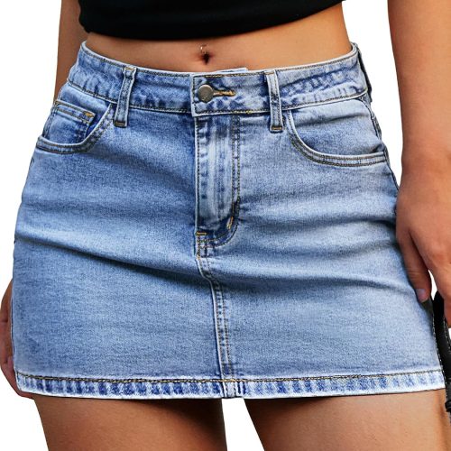 Denim Mini Skirt for Women, High Stretch Low Waist Jean Skirt with Shorts Underneath Sexy Bodycon Casual Micro Skort