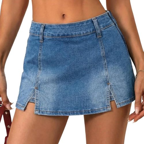 Denim Mini Skirt for Women - Mid Waisted Stretch Side Zipper Skort Y2k Casual Jean Skirts with Shorts Underneath