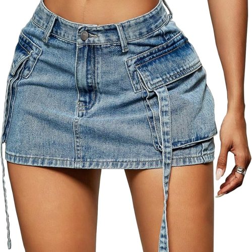 Women Cargo Skirt Denim Mini Low Waist Y2K Jean Skirts with Pockets