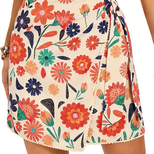 Women's Boho Mini Skirts Floral Wrap Tie Skirt Elastic High Waisted Summer Casual Beach Skirts 2026