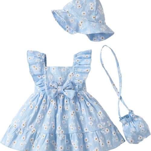 Newborn Infant Baby Girl Dresses Summer Outfits Boho Casual Sundress Gifts Toddler Clothes for Girl with Hat and Bag